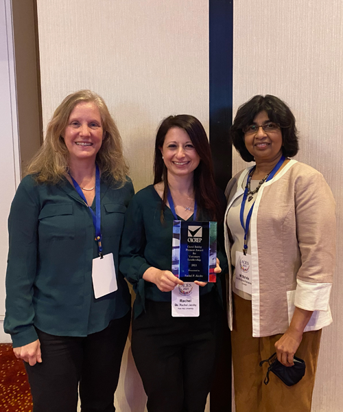 L to R: Dr. Amy Milsom, CACREP Board Chair, Rachel Jacoby, and Dr. Sylvia Fernandez, CACREP President and CEO celebrate Rachel's receipt of the Carol Bobby Pioneer Award for Visionary Leadership at the ACES National Conference 2021. 